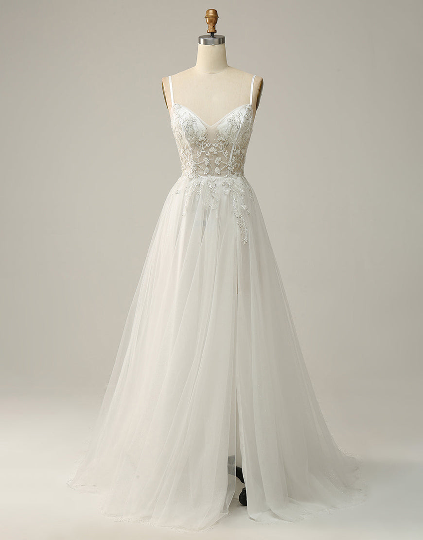 Luolandi A Line Spaghetti Straps Long Bridal Dress with Appliques With Slit Beautiful